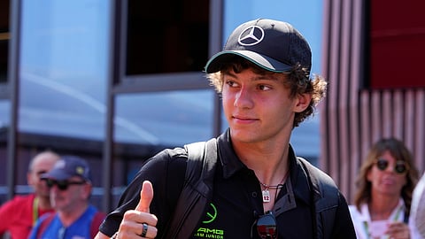 Mercedes driver Kimi Antonelli of Italy gives a thumbs up in the paddock at the Monza racetrack
