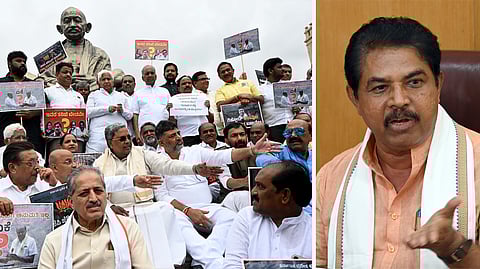 Chief Minister Siddaramaiah and Deputy Chief Minister DK Shivakumar at a protest against Governor Thaawarchand Gehlot in Bengaluru; (right) Leader of Opposition in the Assembly R Ashoka. 