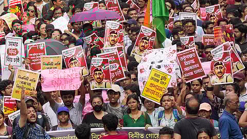 West Bengal Junior Doctors' Forum supporters during a protest march to police headquarters, demanding the resignation of Kolkata police commissioner.