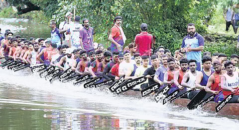 Members of Kumarakom Town Boat Club in Kottayam during trial at Mutherimada in Kumarakom for the Nehru Trophy Boat Race | File pic