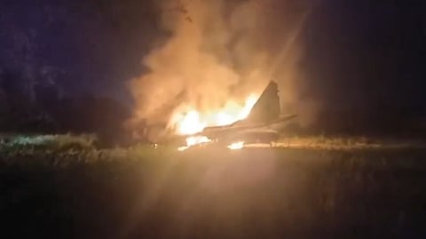 Fire and smoke billow from an IAF MiG-29 fighter jet after it crashed in Barmer district, Rajasthan, on Monday.