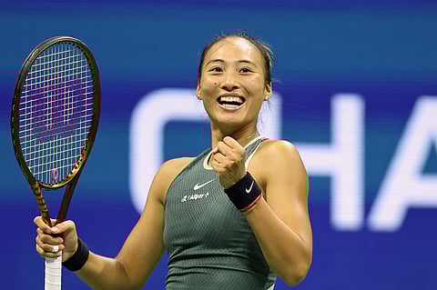 China's Qinwen Zheng celebrates her victory over Croatia's Donna Vekic during their women's singles round of 16 tennis match on day seven of the US Open tennis tournament on early September 2, 2024.