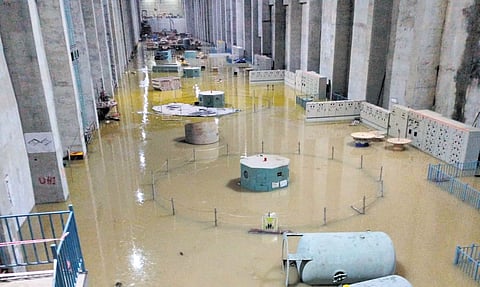 A view of the flooded pump house at Vattem in Nagarkurnool district