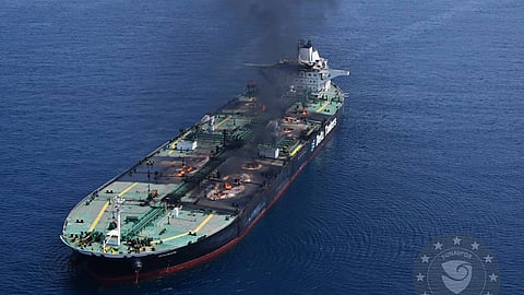 This photo released by the European Union's Operation Aspides naval force shows the Greek-flagged oil tanker Sounion burning in the Red Sea following a series of attacks by Yemen's Houthi rebels on Monday