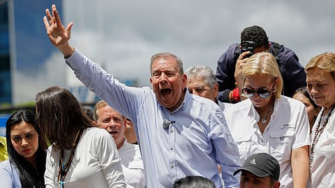 Opposition presidential candidate Edmundo Gonzalez leads a demonstration against the official election results that declared that President Nicolas Maduro won reelection in Caracas, Venezuela