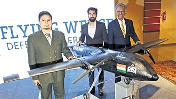 Flying Wedge Defence and Aerospace Founder and CEO Suhas Tejaskanda (left) at a press meet on Tuesday