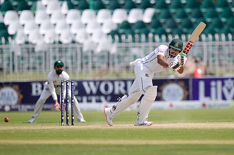 Bangladesh's Najmul Hossain Shanto plays a shot during the fifth day of second test cricket match between Pakistan and Bangladesh.