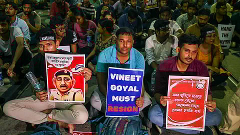  Junior doctors stage a protest on a road leading to Lalbazar police headquarters demanding the resignation of Police Commissioner Vineet Goyal over the case of alleged sexual assault and murder of a trainee doctor, in Kolkata.