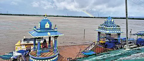 The rising water level along the banks of Godavari river in temple town of Bhadrachalam 