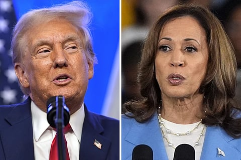 This combination photo shows Republican presidential nominee former President Donald Trump at an event, Aug. 15, 2024, in Bedminster, N.J., left, and Democratic presidential nominee Vice President Kamala Harris at a campaign event in Raleigh, N.C., Aug. 16, 2024. 
