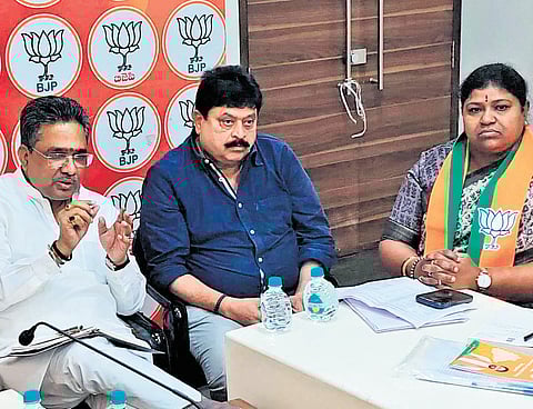 BJP national general secretary and its state unit in-charge Sunil Bansal speaks during a meeting with the state leaders at the party office in Hyderabad on Friday