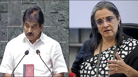 Public Accounts Committee (PAC) Chairman K C Venugopal, (R),  SEBI chairperson Madhabi Buch (L)
