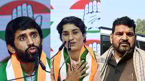 Wrestlers Bajrang Punia (L) and Vinesh Phogat (C) join the Congress on Friday; (R) Ex-WFI chief and BJP leader Brij Bhushan Sharan Singh.