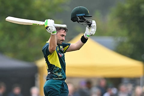 Australia's Josh Inglis celebrates his century during the second Twenty20 International cricket match between Scotland and Australia at the Grange Cricket Club in Edinburgh, Scotland, on September 6, 2024.