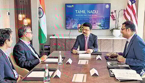 Chief Minister MK Stalin and Industries Minister TRB Rajaa during their meeting with the officials of BNY Mellon on Saturday 