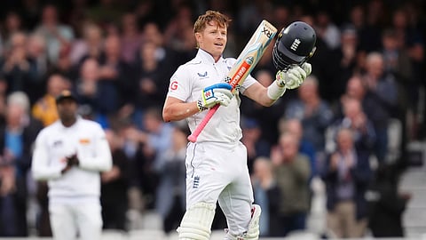 England's Ollie Pope celebrates reaching his century during day one of the Third Men's Test between England and Sri Lanka at The Oval, London, Friday Sept. 6, 2024.