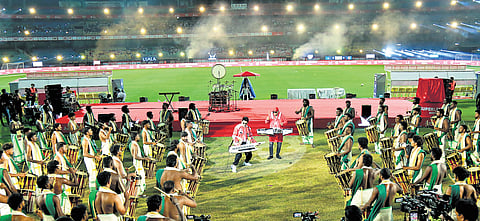 Musician Stephen Devassy and drummer Sivamani perform during the inaugural ceremony of Super League Kerala at 
JNL Stadium on Saturday