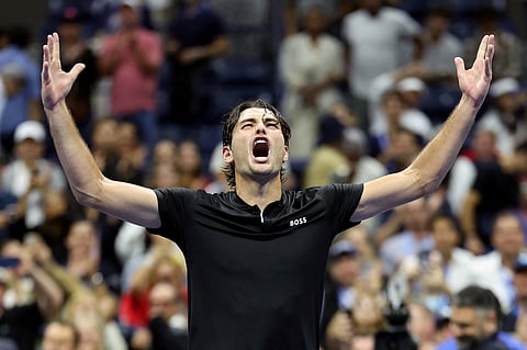 USA's Taylor Fritz celebrates winning the men's semifinals match against USA's Frances Tiafoe on day twelve of the US Open tennis tournament at the USTA Billie Jean King National Tennis Center in New York City, on September 6, 2024.