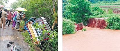 An APSRTC bus fell into a valley in Jaddangi, Alluri Sitarama Raju district; Chemagedda bridge in GK Veedhi collapsed due to heavy rainfall on Sunday.