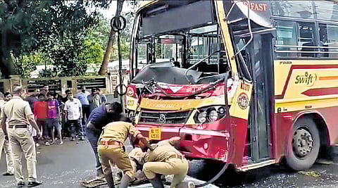 The KSRTC Swift bus, one of the vehicles involved in the accident at Koothattukulam