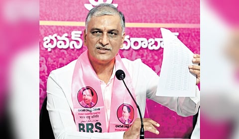 BRS MLA T Harish Rao addresses the media in Hyderabad on Sunday