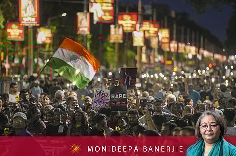 Members of the Bengal Junior Doctors' Front and others take part in a mega rally on 'Mahalaya' to demand justice for the alleged sexual assault and murder of a trainee doctor at RG Kar Medical College and Hospital, in Kolkata, Wednesday, Oct 2, 2024.