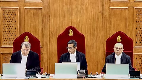 Chief Justice of India (CJI) D.Y. Chandrachud, Justice J.B. Pardiwala and Justice Manoj Misra during the second day of hearing on a suo moto case related to the alleged sexual assault and murder of a postgraduate trainee doctor in Kolkata.