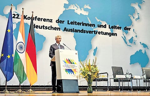 External Affair Minister S Jaishankar speaks at the Annual Ambassadors’ Conference of German Foreign Office in Berlin on Tuesday.