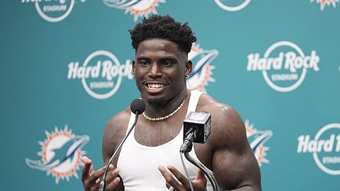 Miami Dolphins wide receiver Tyreek Hill speaks during an NFL football post game news conference, Sunday, Sept 8, 2024, in Miami Gardens, Fla.