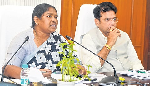 Ministers Danasari Anasuya and D Sridhar Babu participate in the Cabinet sub-committee meeting on educational reforms at the Secretariat on Wednesday.