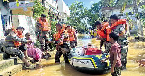 The Field Recovery Operation team of Indian Army continues to provide essential services and support to flood-hit people in Kakinada on Wednesday 
