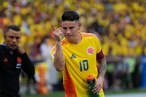 Colombia's James Rodriguez celebrates scoring a penalty, his side's second goal, against Argentina during a qualifying soccer match for the FIFA World Cup 2026 at the Metropolitano Roberto Melendez stadium in Barranquilla, Colombia, Tuesday, Sept. 10, 2024. 