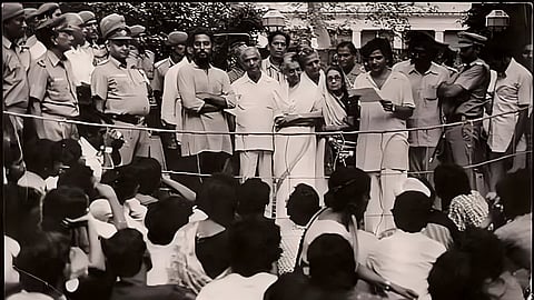 An unflappable Sitaram Yechury (fourth from the right) puts an amused Indira Gandhi in the dock outside her residence - an iconic moment from a great life.