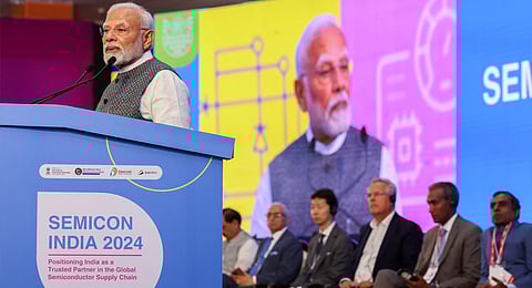 Prime Minister Narendra Modi addresses a gathering during the inauguration of SEMICON India 2024, in Greater Noida, Uttar Pradesh, Wednesday, Sept 11, 2024. 