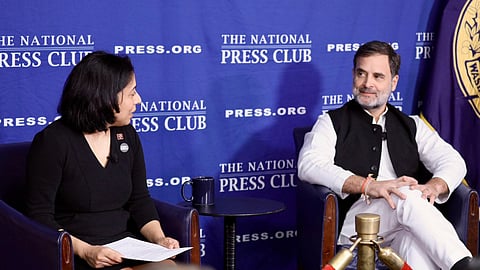 Rahul Gandhi during an interaction with the media at the National Press Club, in Washington DC, USA, Wednesday, Sept 11, 2024. 