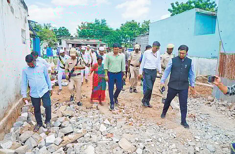 Inter-Ministerial Central Team inspects damaged roads and houses at Gondriyala village of Kodad mandal on Thursday