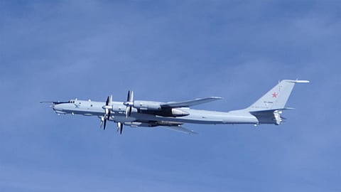 This handout photo taken on September 12, 2024 and received from Japan's Ministry of Defence Joint Staff Office on September 13, 2024 shows a Russian military's Tu-142 patrol aircraft flying almost a full circle around Japan.