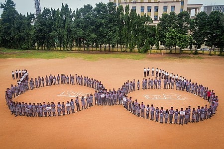 Students of Kendriya Vidyalaya 1 stand in a formation of Mahamta Gandhi's spectacles as part of the rehearsal for the Swachhata Hi Seva campaign school campus in Bhubaneswar. [Image used for representative purposes only]