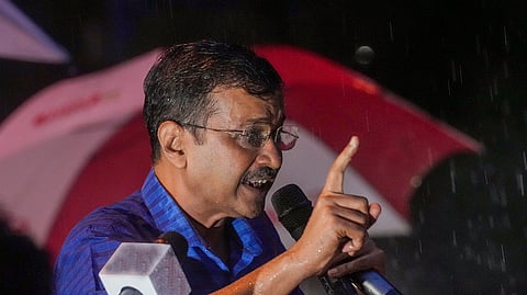 Delhi Chief Minister Arvind Kejriwal is seen addressing supporters after walking out of the Tihar Jail, in New Delhi. He and his party need to reclaim the high ground they had vacated recently. Can they is the million-dollar question.