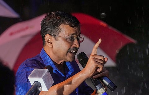 Prime Minister Narendra Modi gestures during celebrations at the BJP HQ after the party won the Delhi Assembly election, in New Delhi, Saturday, Feb. 8, 2025. 