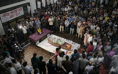 JNU proffcer and students pay tribute to CPI (M) leader Sitaram Yechuri who died on wednesday at AIIMS hospital in New Delhi on Friday. 