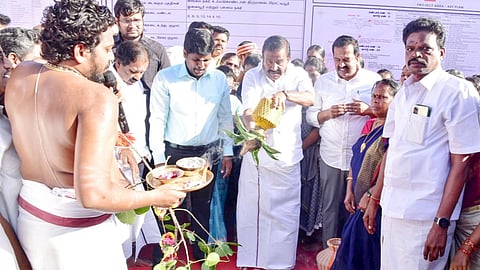 Minister KN Nehru taking part in the ‘bhoomi puja’ for the works on Friday