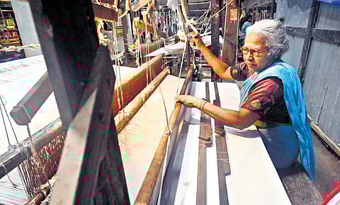 Prasanna Kumari, 64, a weaver belonging to Travancore Handloom Society, Nemom, Thiruvananthapuram 