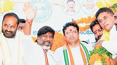 Deputy CM Mallu Bhatti Vikramarka and IT Minister D Sridhar Babu at a public meeting in Peddapalli on Saturday