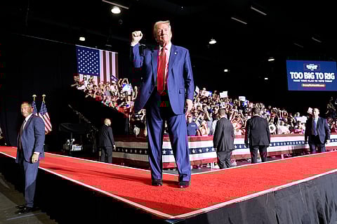 Republican presidential nominee former President Donald Trump departs after speaking during a campaign event at the World Market Center, Friday, Sept.13, 2024, in Las Vegas.