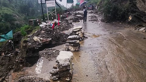 Damaged national highway 109 following heavy rainfall, in Almora district, Uttarakhand, Friday, Sept. 13, 2024. 