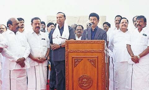 Tamil Nadu CM M K Stalin addressing leaders following his return from US