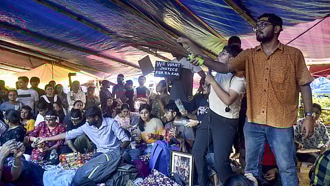 Doctors during a 'dharna' against the alleged rape and killing of a trainee doctor, in Kolkata.