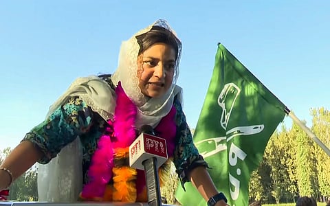 Iltija Mufti, daughter of Peoples Democratic Party (PDP) chief Mehbooba Mufti and party candidate from Bijbehara constituency, speaks with the media as she campaigns for J&K Assembly elections, in Anantnag district, Jammu & Kashmir, Saturday, Sep 14, 2024.
