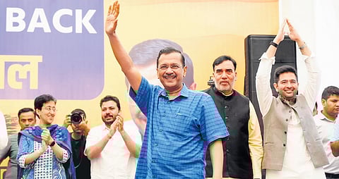 Chief Minister Arvind Kejriwal during the AAP meeting in New Delhi on Monday | X